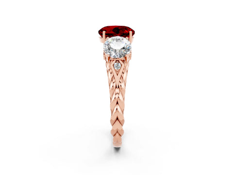 Rose gold Three-Stone Round Cut Ruby Braided Band Ring with Four-Prong Setting_14