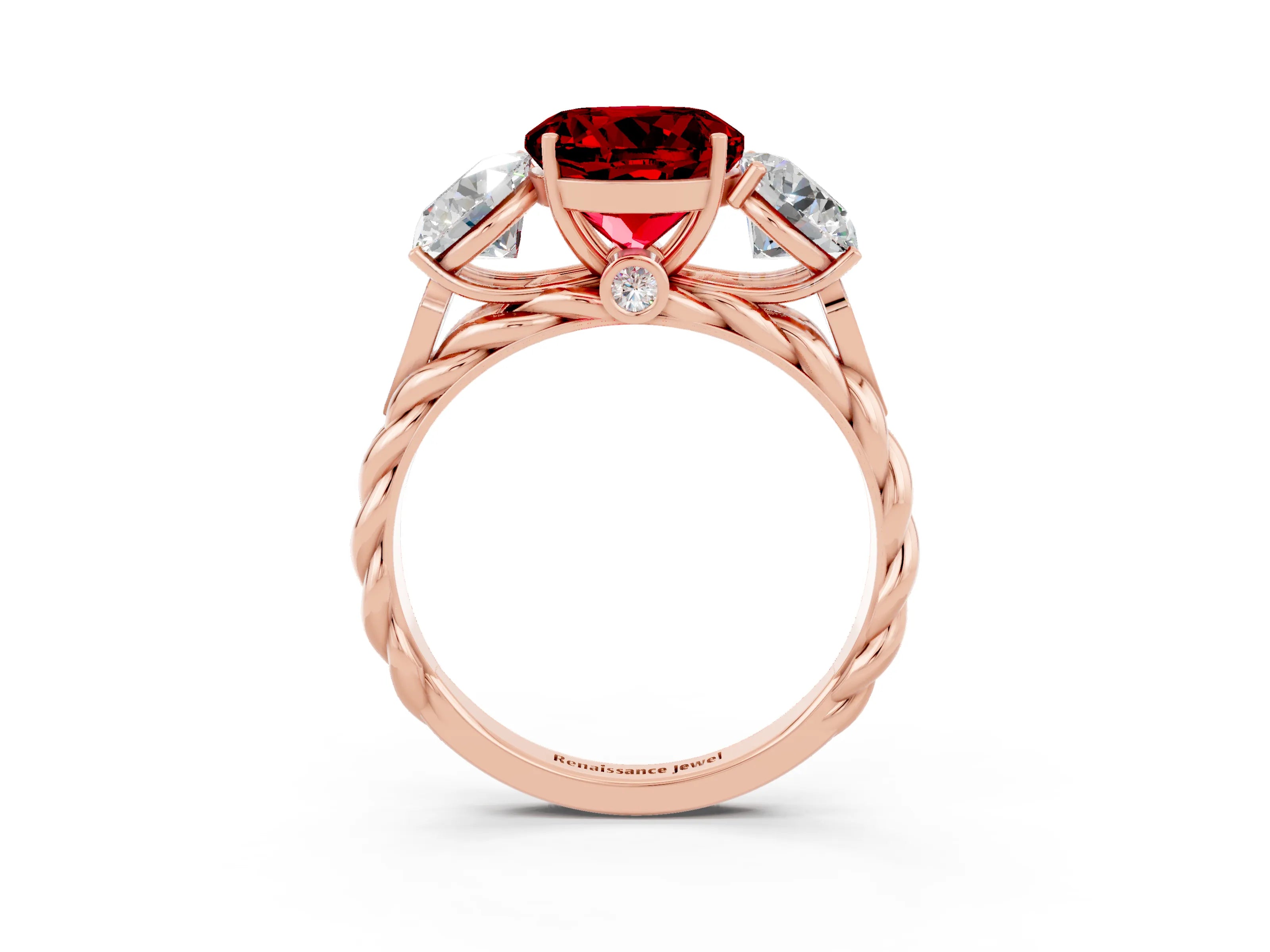 Rose gold Three-Stone Round Cut Ruby Braided Band Ring with Four-Prong Setting_15