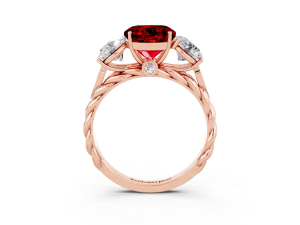 Rose gold Three-Stone Round Cut Ruby Braided Band Ring with Four-Prong Setting