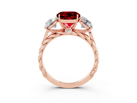 Rose gold Three-Stone Round Cut Ruby Braided Band Ring with Four-Prong Setting_15
