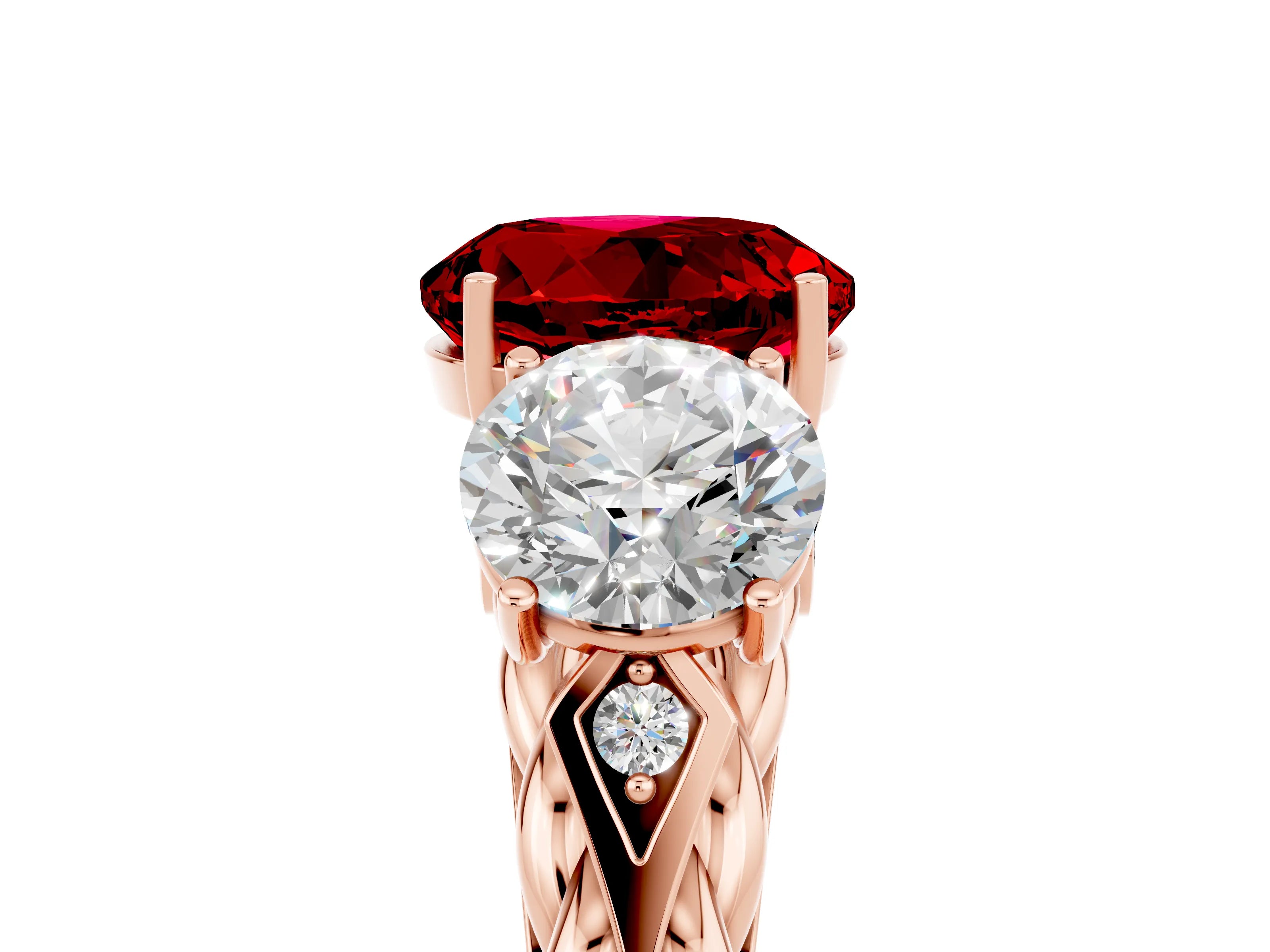 Rose gold Three-Stone Round Cut Ruby Braided Band Ring with Four-Prong Setting_17