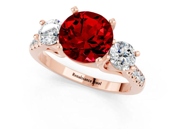 Rose gold Three-Stone Round Cut Ruby Pavé Band with Four-Prong Setting