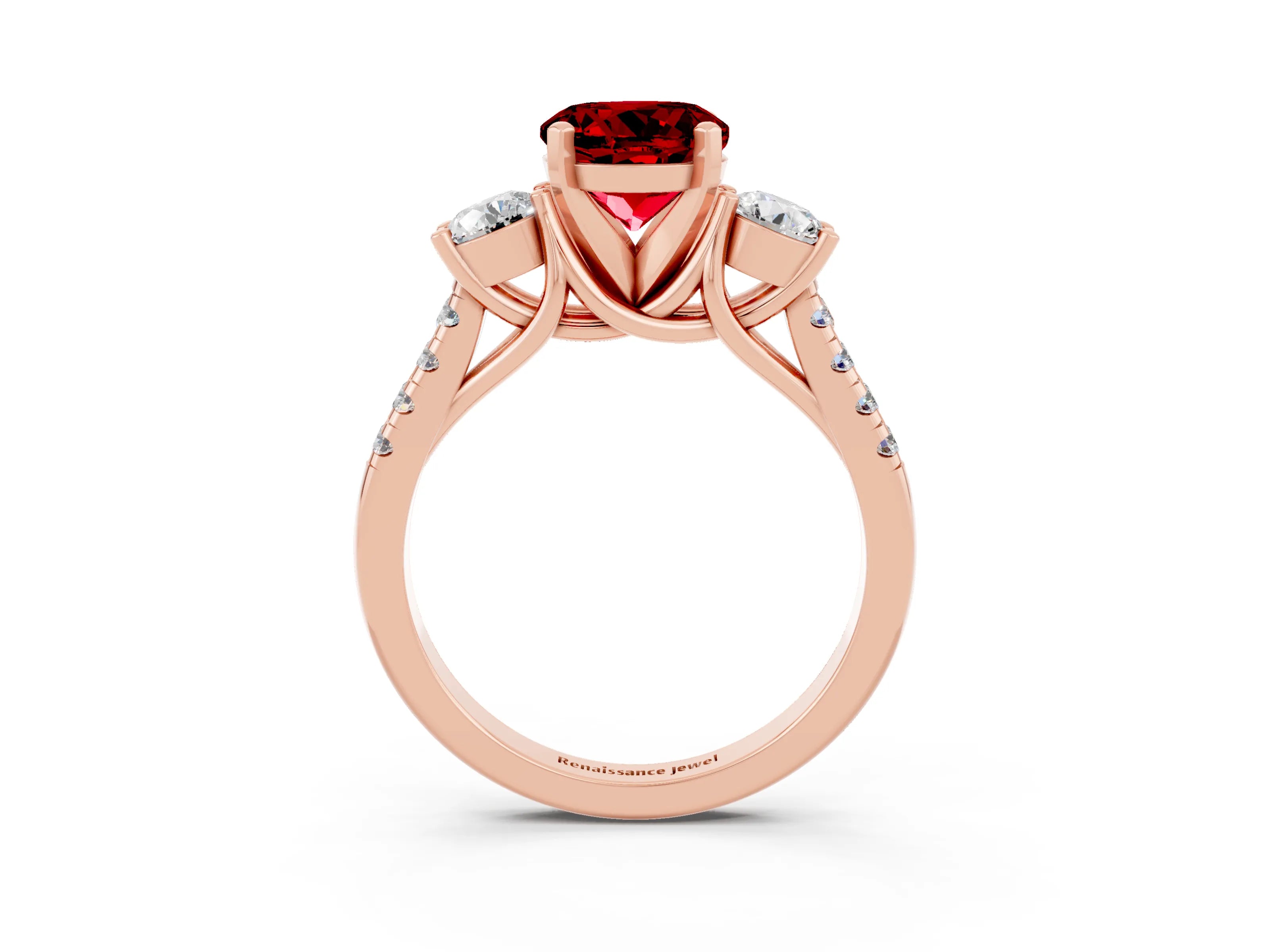 Rose gold Three-Stone Round Cut Ruby Pavé Band with Four-Prong Setting_3