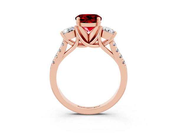 Rose gold Three-Stone Round Cut Ruby Pavé Band with Four-Prong Setting