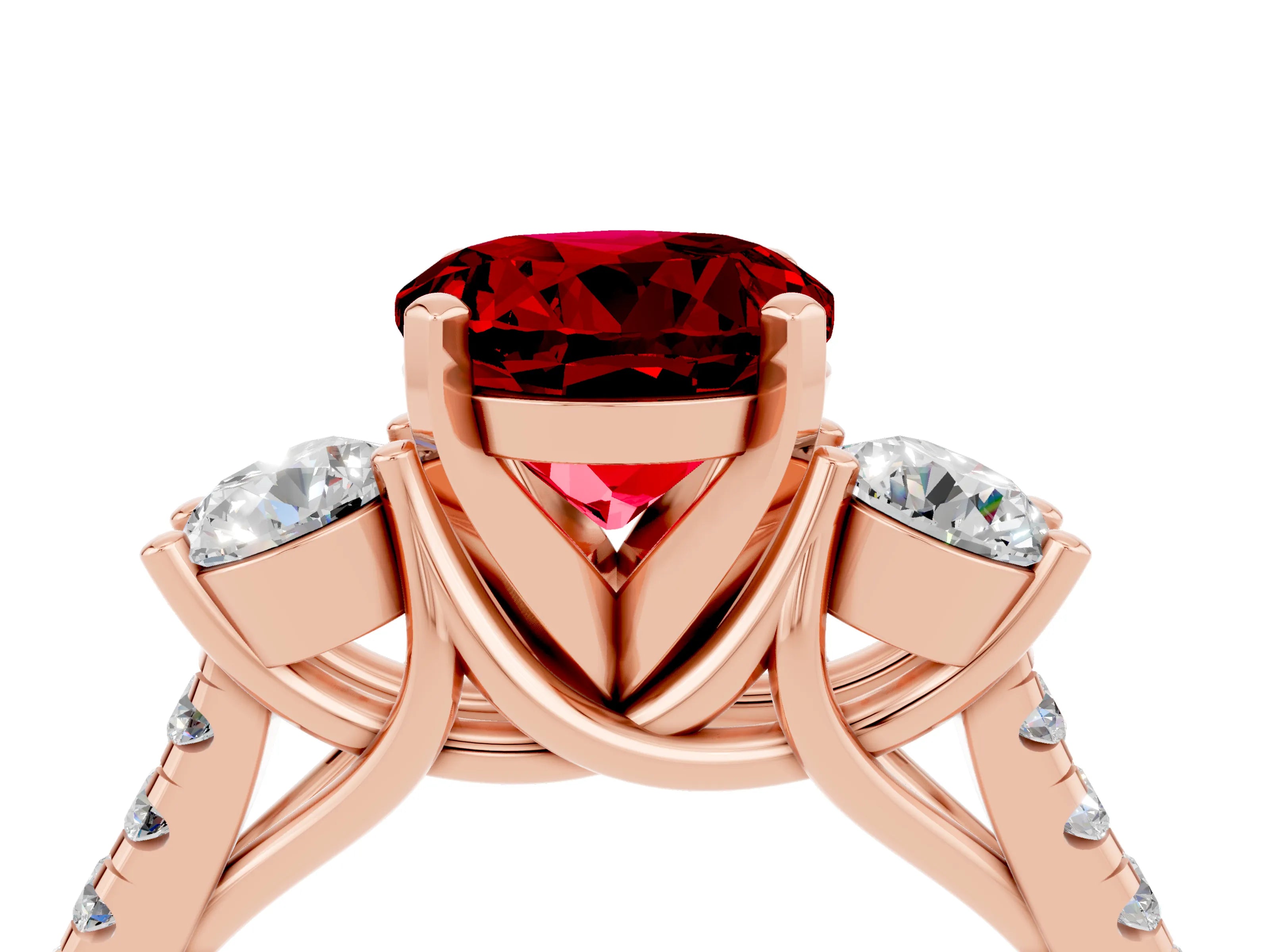 Rose gold Three-Stone Round Cut Ruby Pavé Band with Four-Prong Setting_4