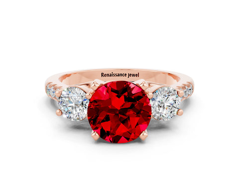 Rose gold Three-Stone Round Cut Ruby Pavé Band with Four-Prong Setting
