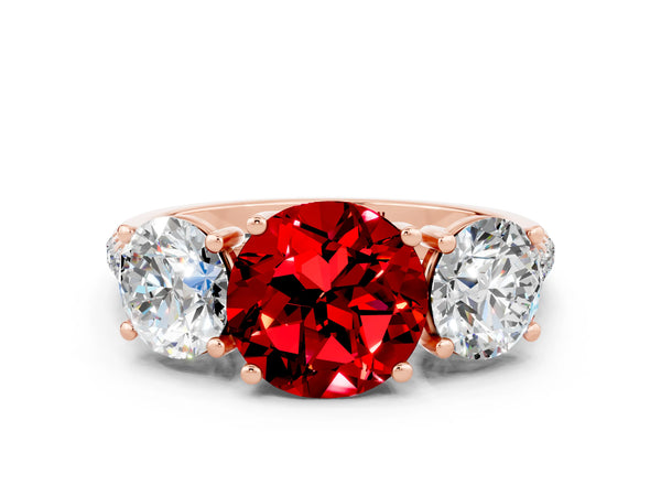 Rose gold Three-Stone Round Cut Ruby Ring with Round  Pavé Band and Prong Setting