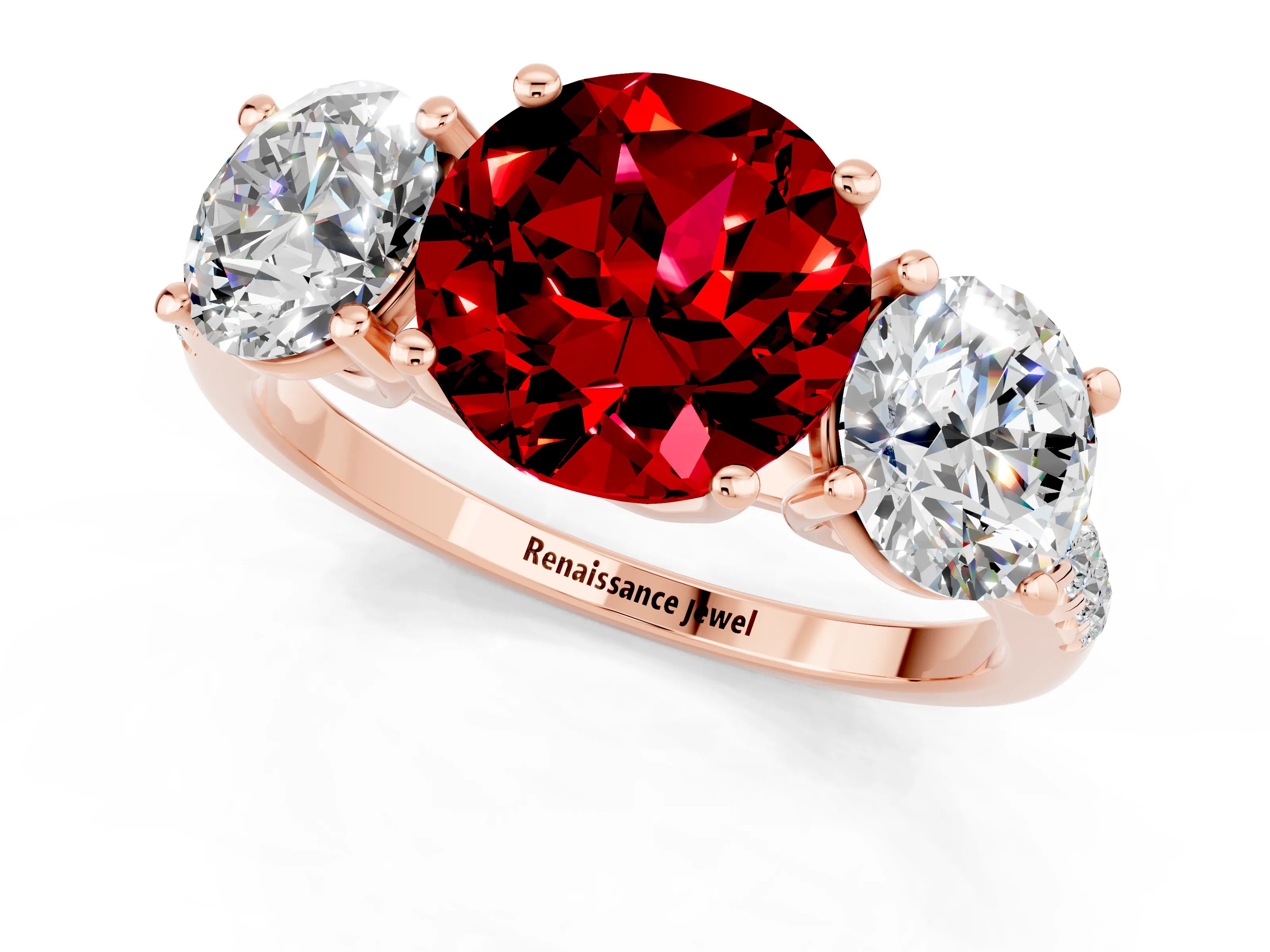 Rose gold Three-Stone Round Cut Ruby Ring with Pavé Band and Prong Setting_13