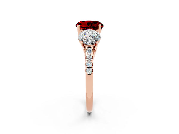 Rose gold Three-Stone Round Cut Ruby Ring with Round  Pavé Band and Prong Setting