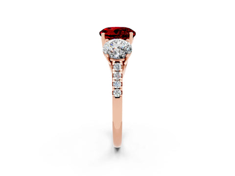 Rose gold Three-Stone Round Cut Ruby Ring with Pavé Band and Prong Setting_14