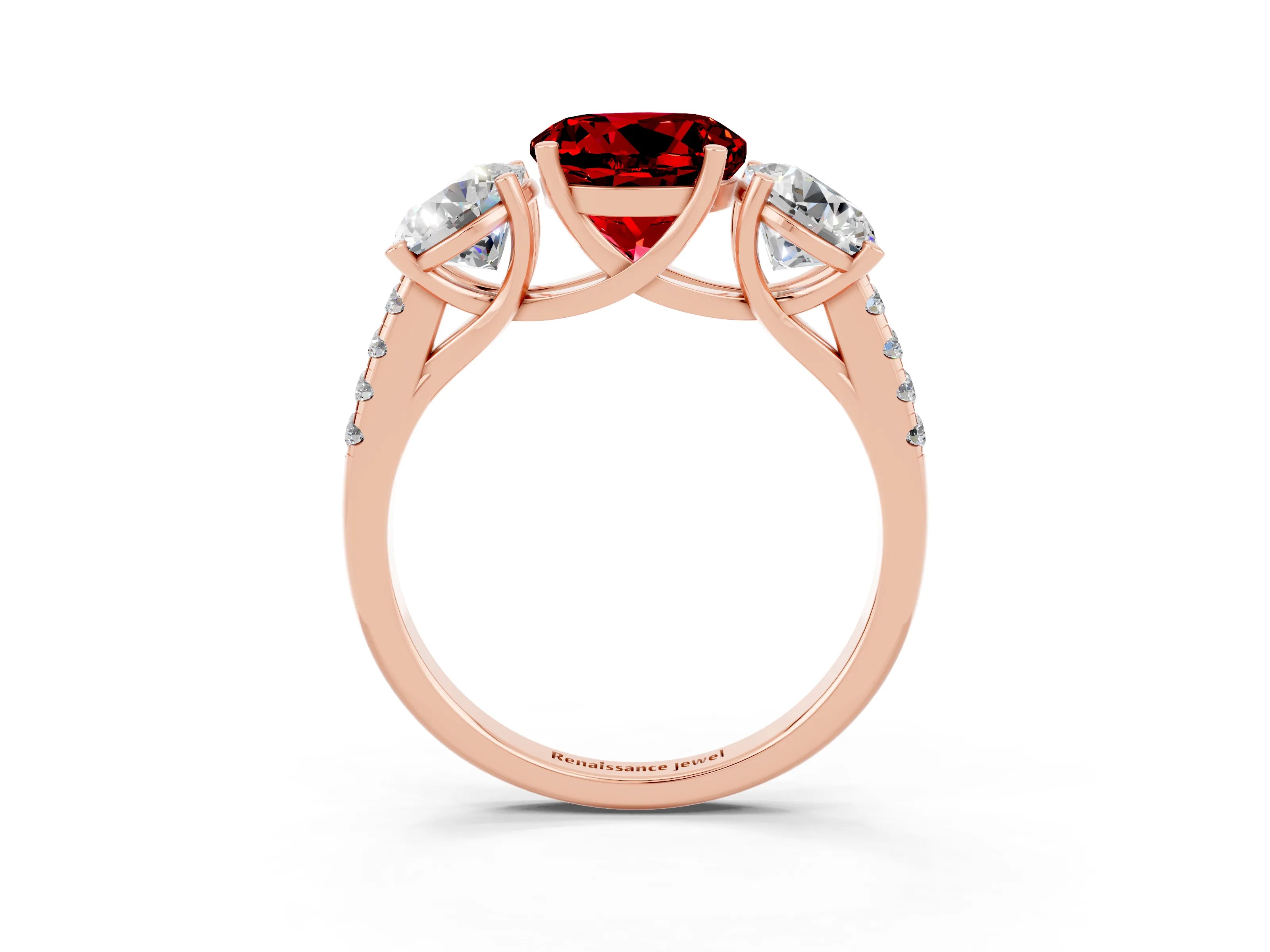 Rose gold Three-Stone Round Cut Ruby Ring with Pavé Band and Prong Setting_15
