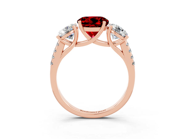Rose gold Three-Stone Round Cut Ruby Ring with Round  Pavé Band and Prong Setting