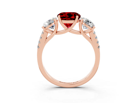 Rose gold Three-Stone Round Cut Ruby Ring with Pavé Band and Prong Setting_15