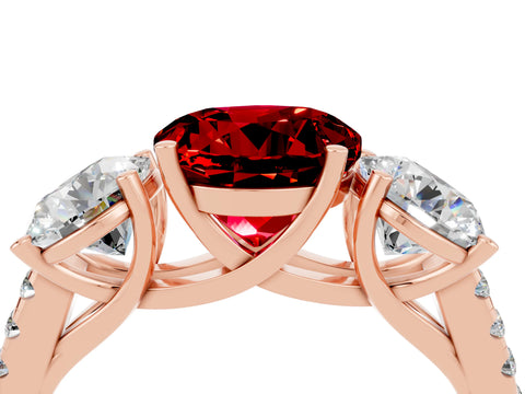Rose gold Three-Stone Round Cut Ruby Ring with Pavé Band and Prong Setting_16