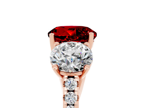 Rose gold Three-Stone Round Cut Ruby Ring with Pavé Band and Prong Setting_17