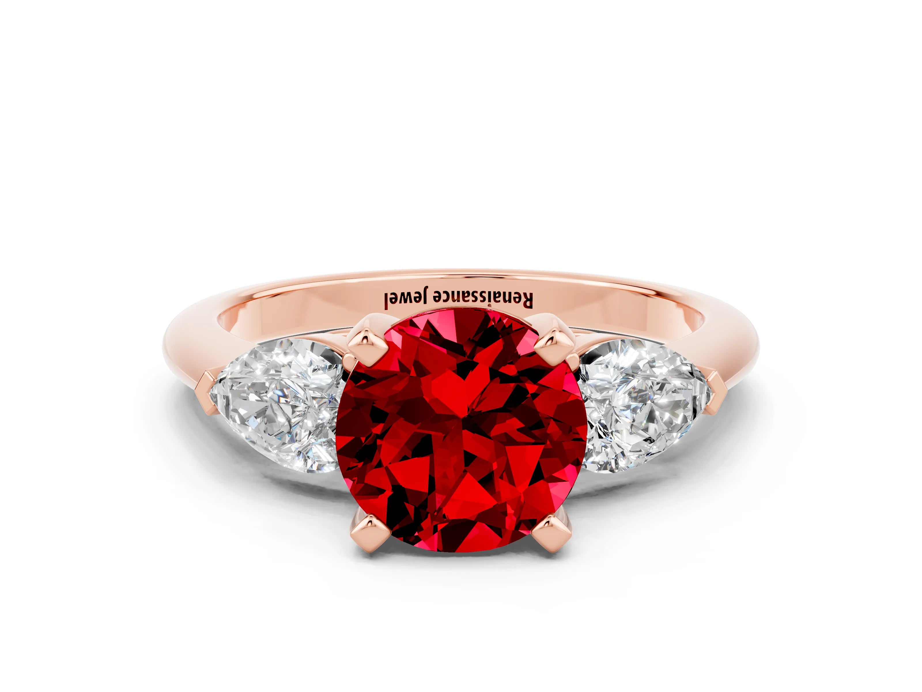 Rose gold Three-Stone Round Cut Ruby Ring with Pear Side Stones and Four-Prong Setting