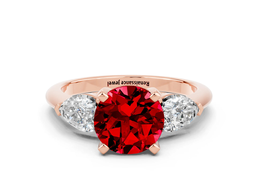 Rose gold Three-Stone Round Cut Ruby Ring with Pear Side Stones and Four-Prong Setting