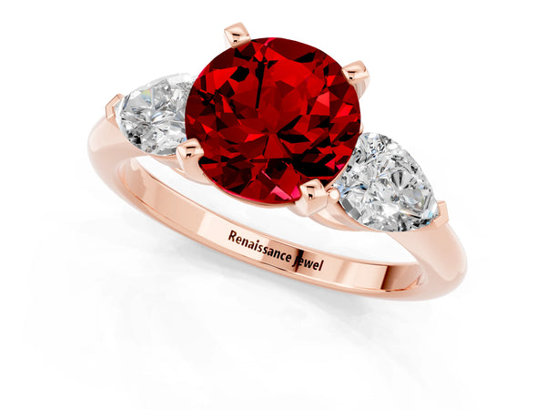 Rose gold Three-Stone Round Cut Ruby Ring with Pear Side Stones and Four-Prong Setting