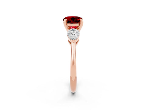 Rose gold Three-Stone Round Cut Ruby Ring with Pear Side Stones and Four-Prong Setting_2
