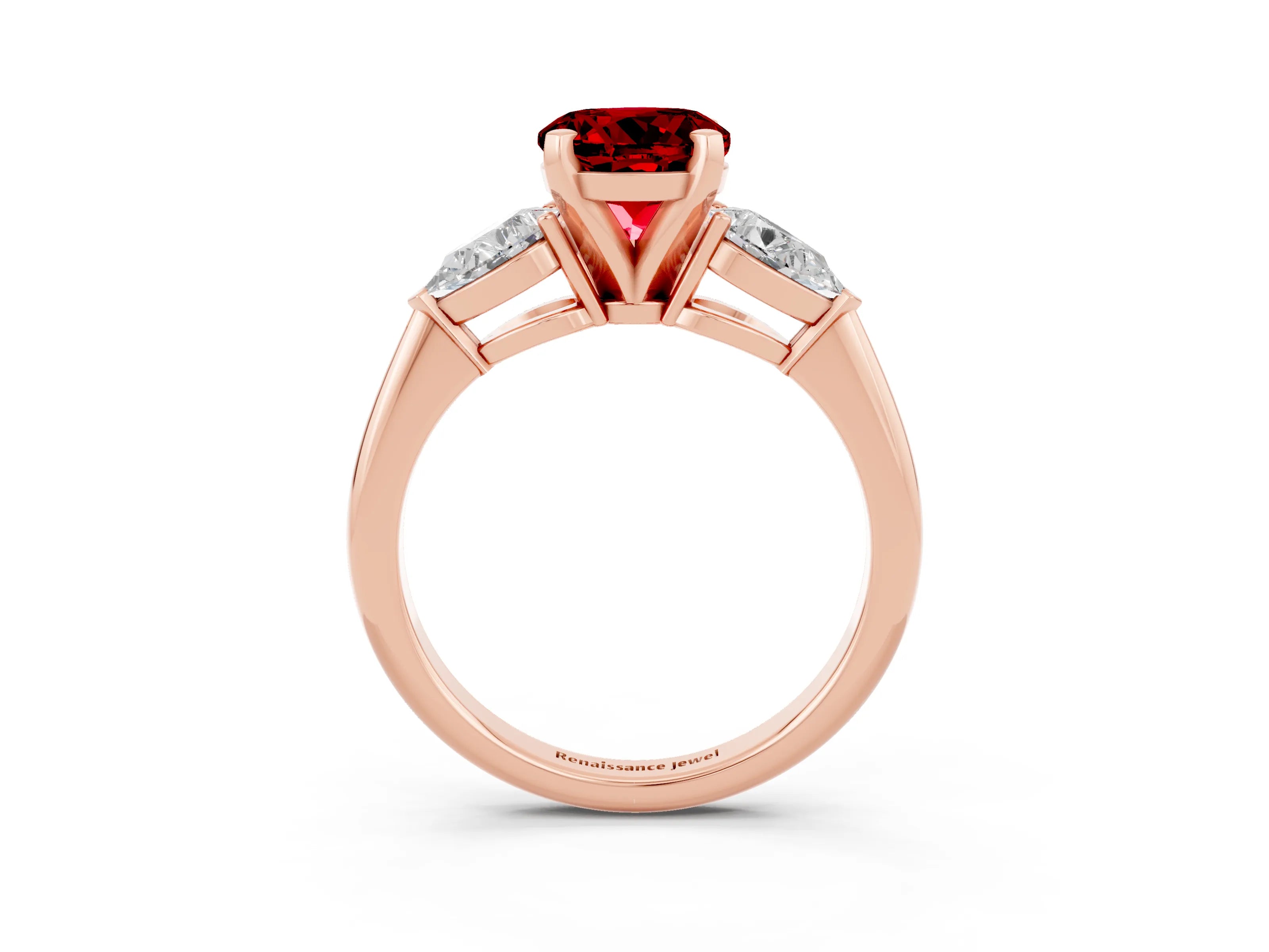 Rose gold Three-Stone Round Cut Ruby Ring with Pear Side Stones and Four-Prong Setting_3