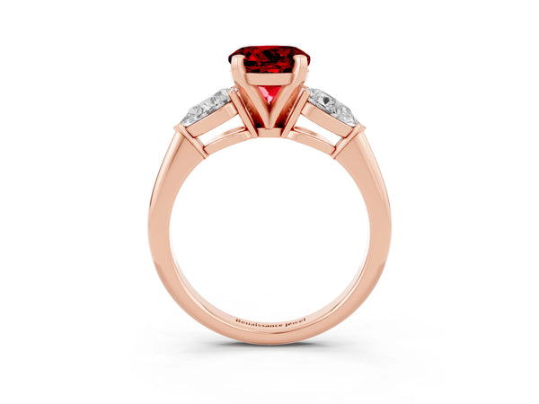 Rose gold Three-Stone Round Cut Ruby Ring with Pear Side Stones and Four-Prong Setting