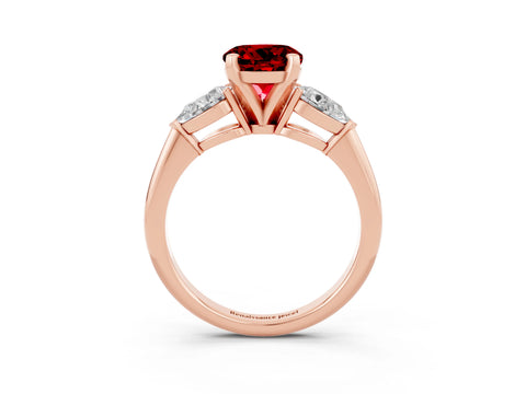 Rose gold Three-Stone Round Cut Ruby Ring with Pear Side Stones and Four-Prong Setting_3