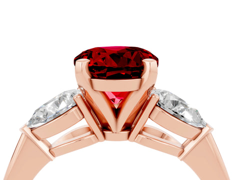 Rose gold Three-Stone Round Cut Ruby Ring with Pear Side Stones and Four-Prong Setting_4