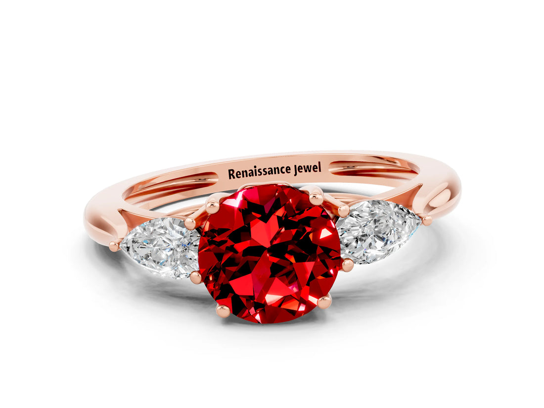 Rose gold Three-Stone Round Cut Ruby Ring with Pear  Side Stones in Four-Prong Setting_12