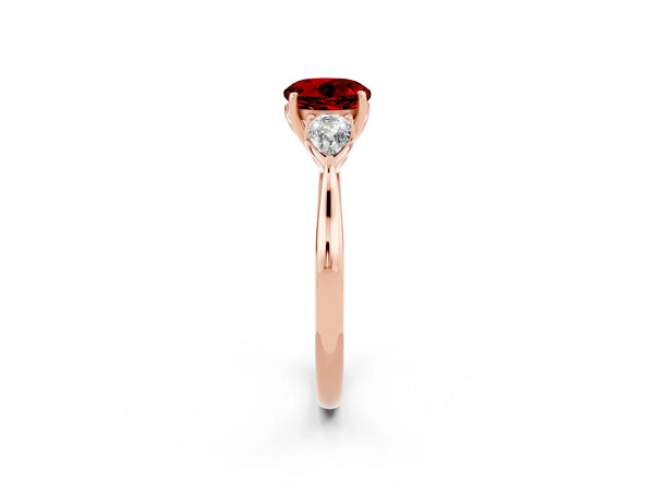 Rose Gold Round Lab-Grown Ruby Three Stone Engagement Ring with Pear Side Stones and Thin Band