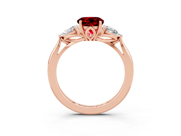 Rose Gold Round Lab-Grown Ruby Three Stone Engagement Ring with Pear Side Stones and Thin Band