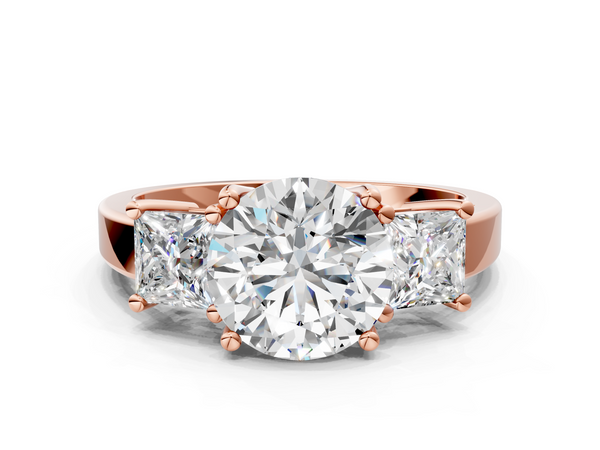 Rose Gold Round Three Stone Engagement Ring Setting with Princess-Cut Side Stones