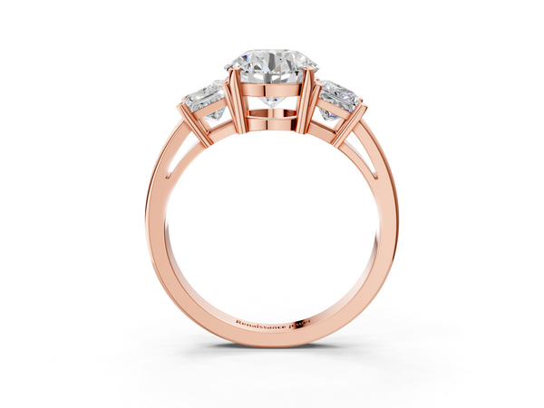 Rose Gold Round Three Stone Engagement Ring Setting with Princess-Cut Side Stones