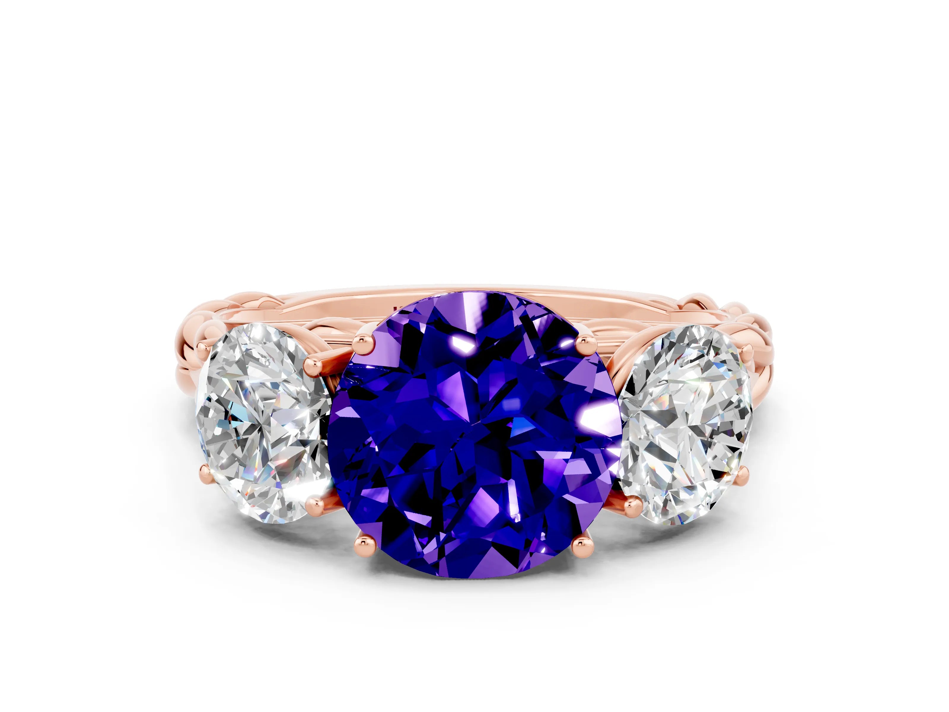 Rose gold Three-Stone Round Cut Tanzanite Braided Band Ring with Four-Prong Setting_12