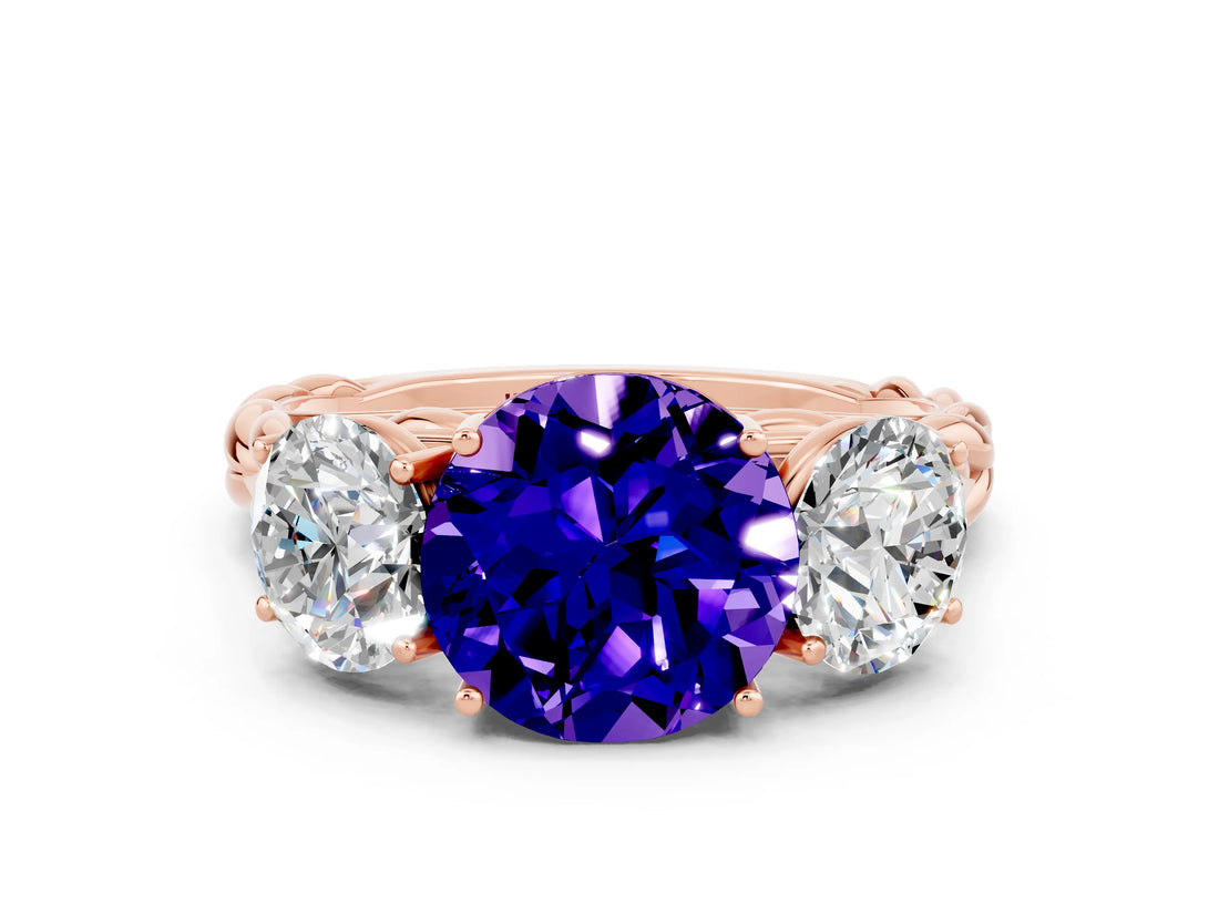 Rose gold Three-Stone Round Cut Tanzanite Braided Band Ring with Four-Prong Setting_12