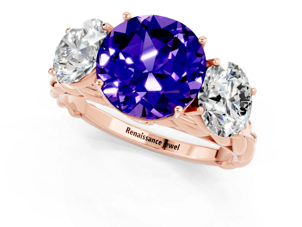 Rose gold Three-Stone Round Cut Tanzanite Braided Band Ring with Four-Prong Setting