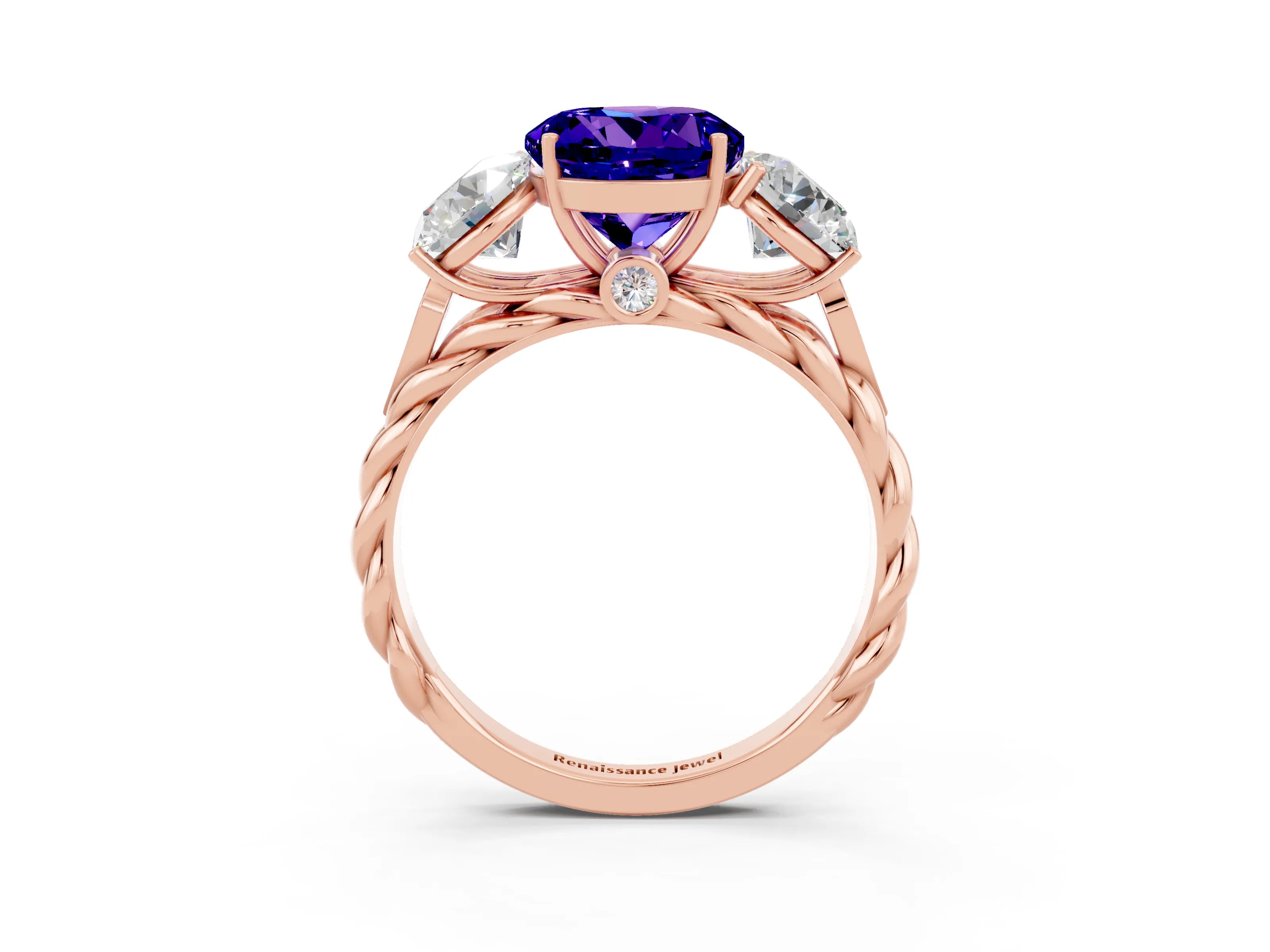 Rose gold Three-Stone Round Cut Tanzanite Braided Band Ring with Four-Prong Setting_15