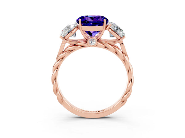 Rose gold Three-Stone Round Cut Tanzanite Braided Band Ring with Four-Prong Setting