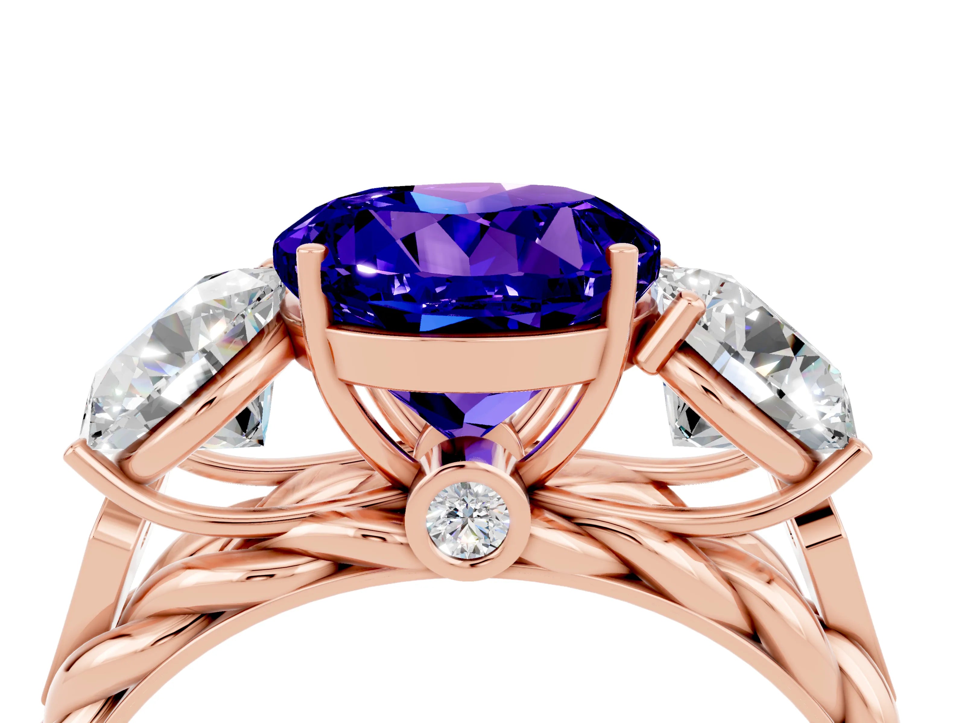 Rose gold Three-Stone Round Cut Tanzanite Braided Band Ring with Four-Prong Setting_16