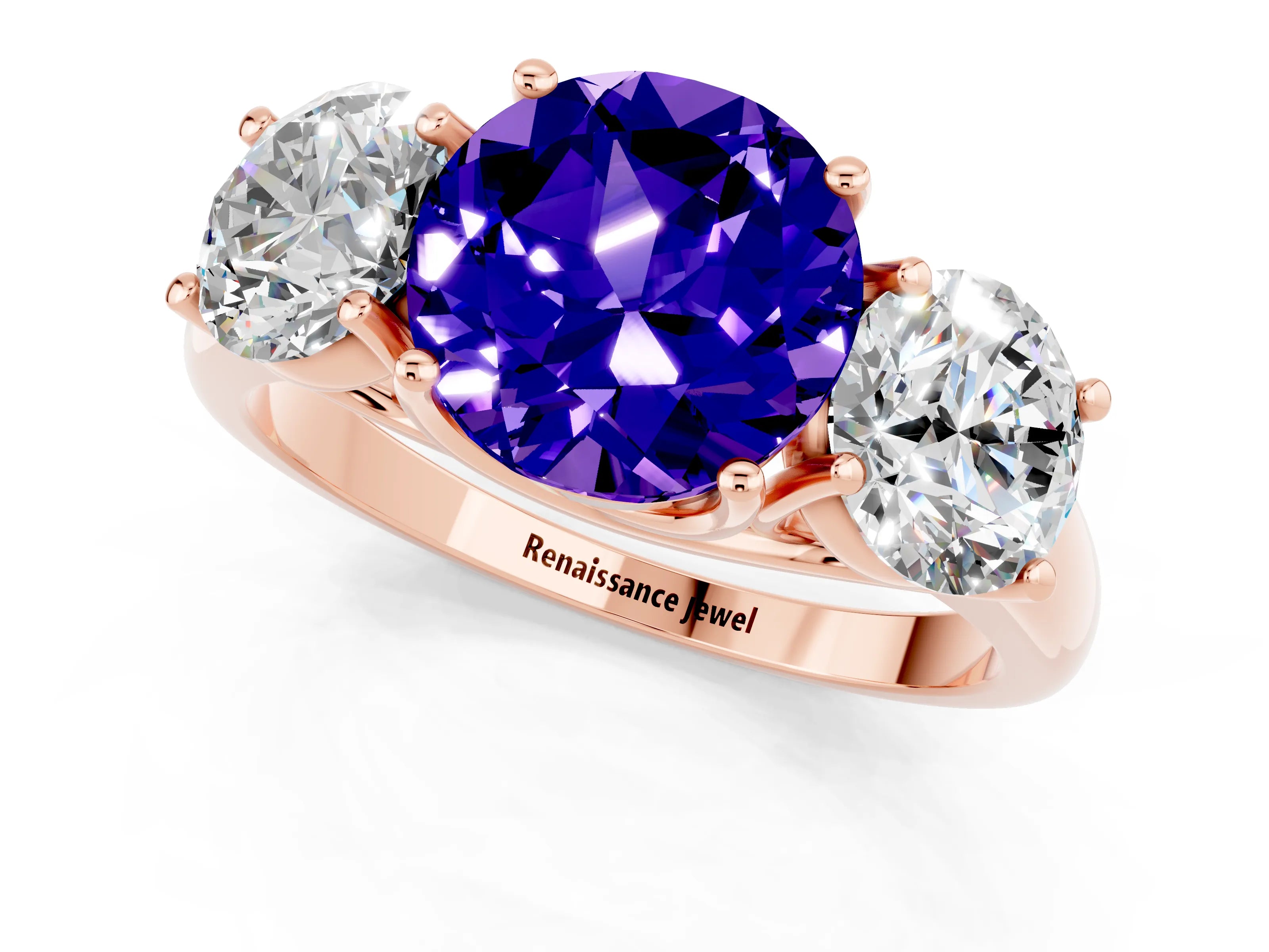 Rose gold Three-Stone Round Cut Tanzanite Engagement Ring with Prong Setting_1