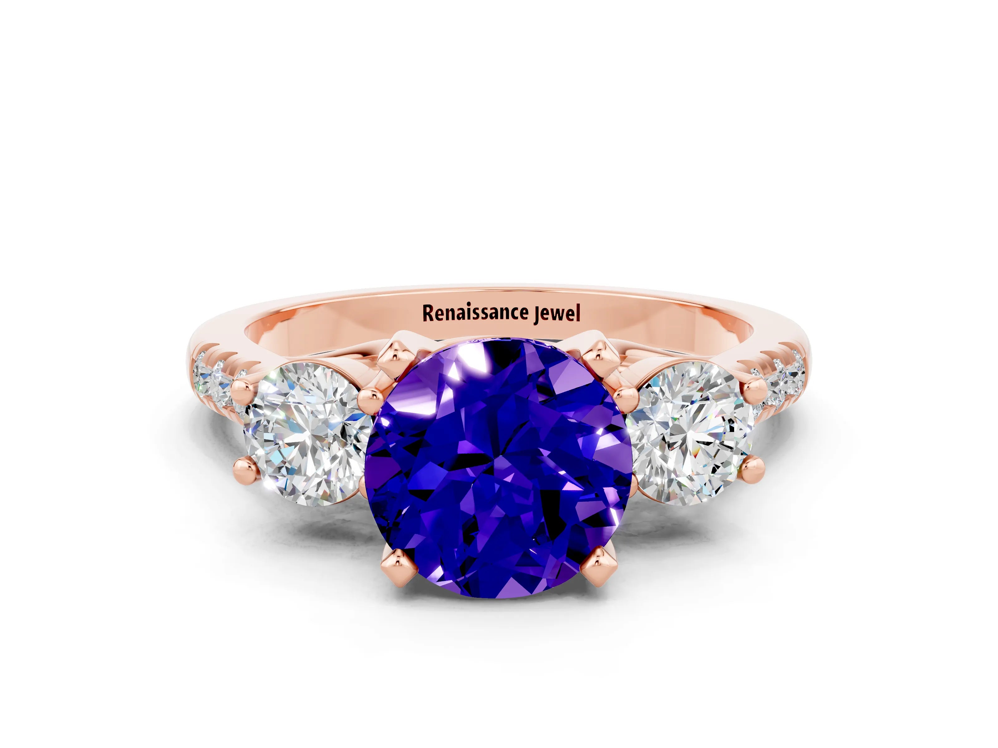Rose gold Three-Stone Round Cut Tanzanite Pavé Band with Four-Prong Setting