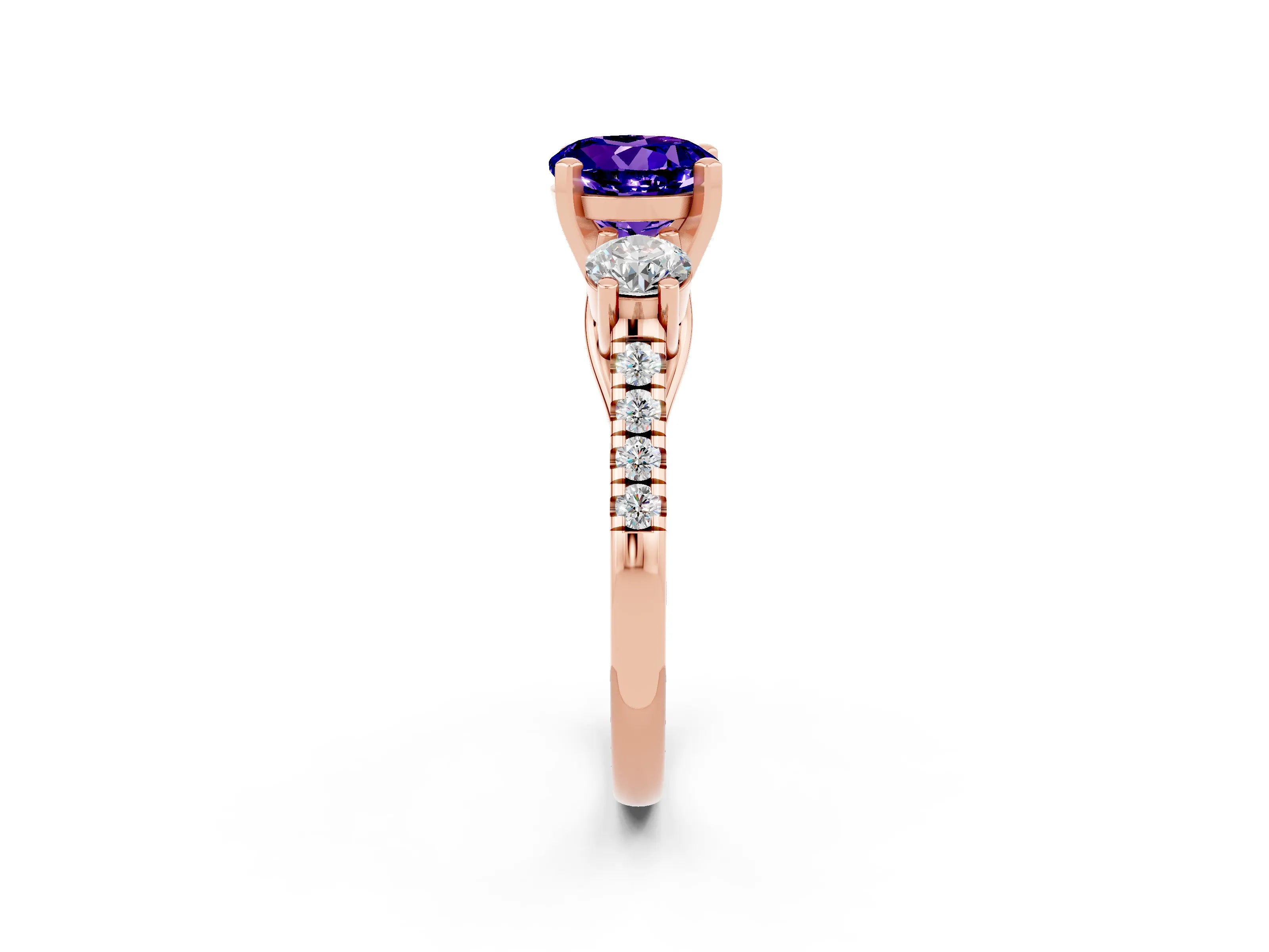 Rose gold Three-Stone Round Cut Tanzanite Pavé Band with Four-Prong Setting_2
