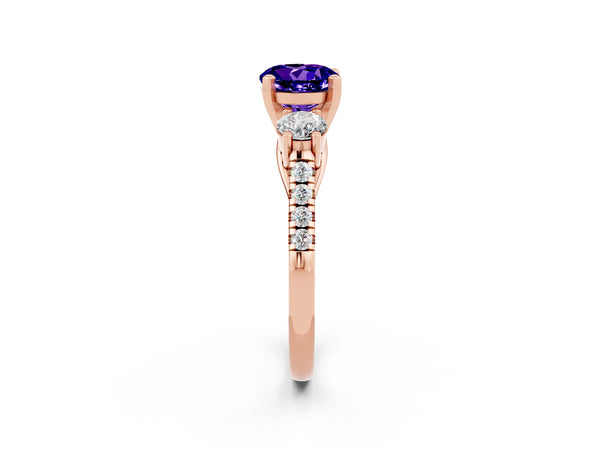 Rose gold Three-Stone Round Cut Tanzanite Pavé Band with Four-Prong Setting