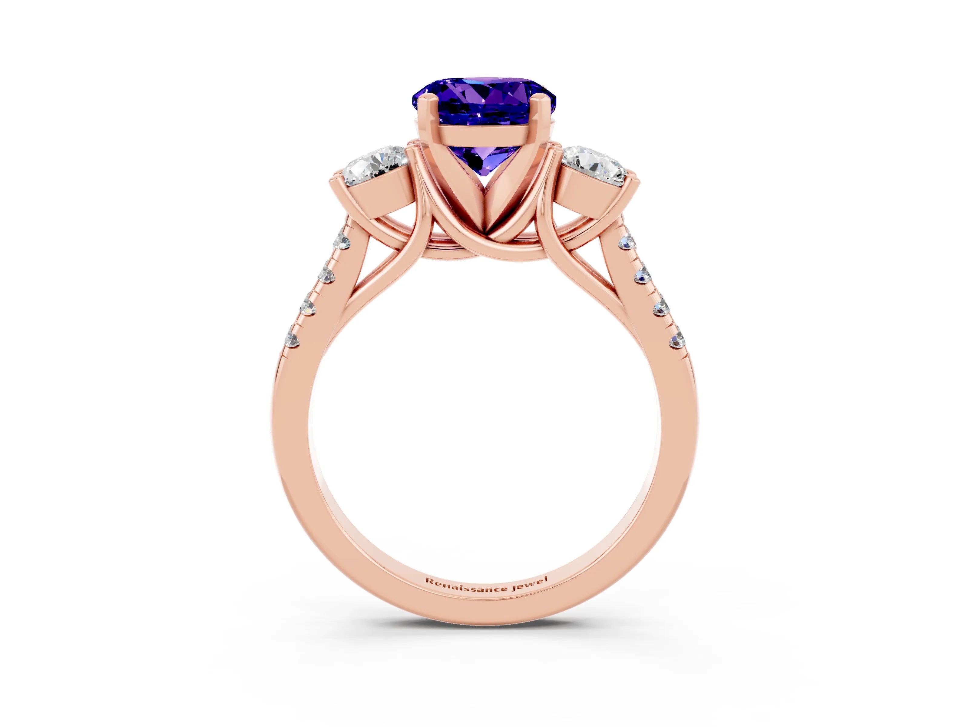 Rose gold Three-Stone Round Cut Tanzanite Pavé Band with Four-Prong Setting_3