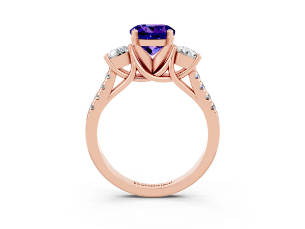Rose gold Three-Stone Round Cut Tanzanite Pavé Band with Four-Prong Setting