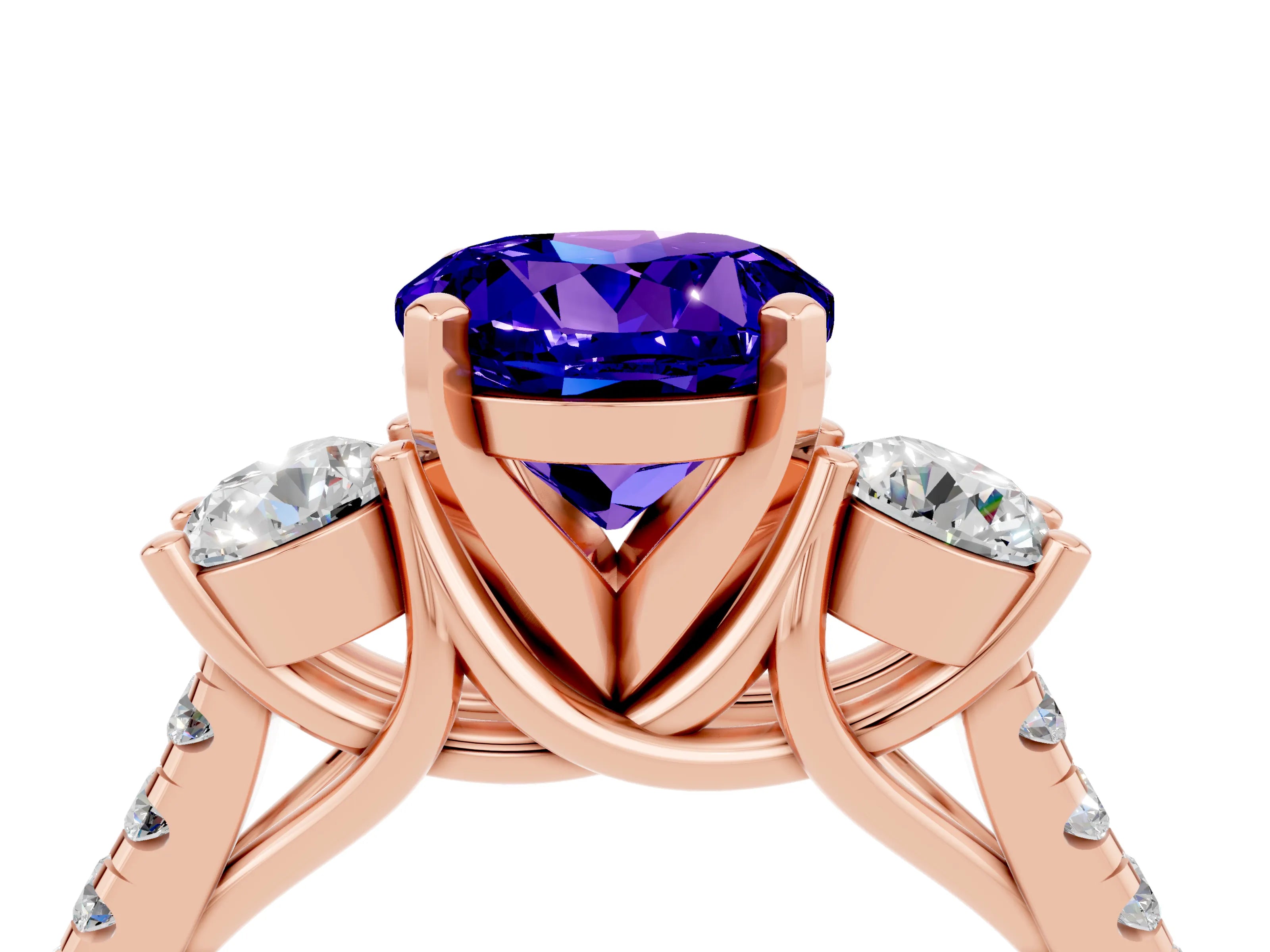 Rose gold Three-Stone Round Cut Tanzanite Pavé Band with Four-Prong Setting_4