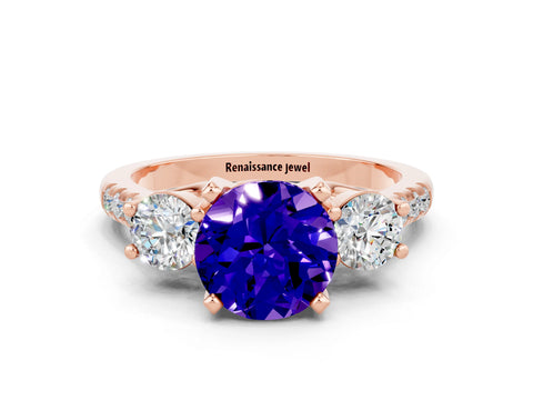 Rose gold Three-Stone Round Cut Tanzanite Pavé Band with Four-Prong Setting