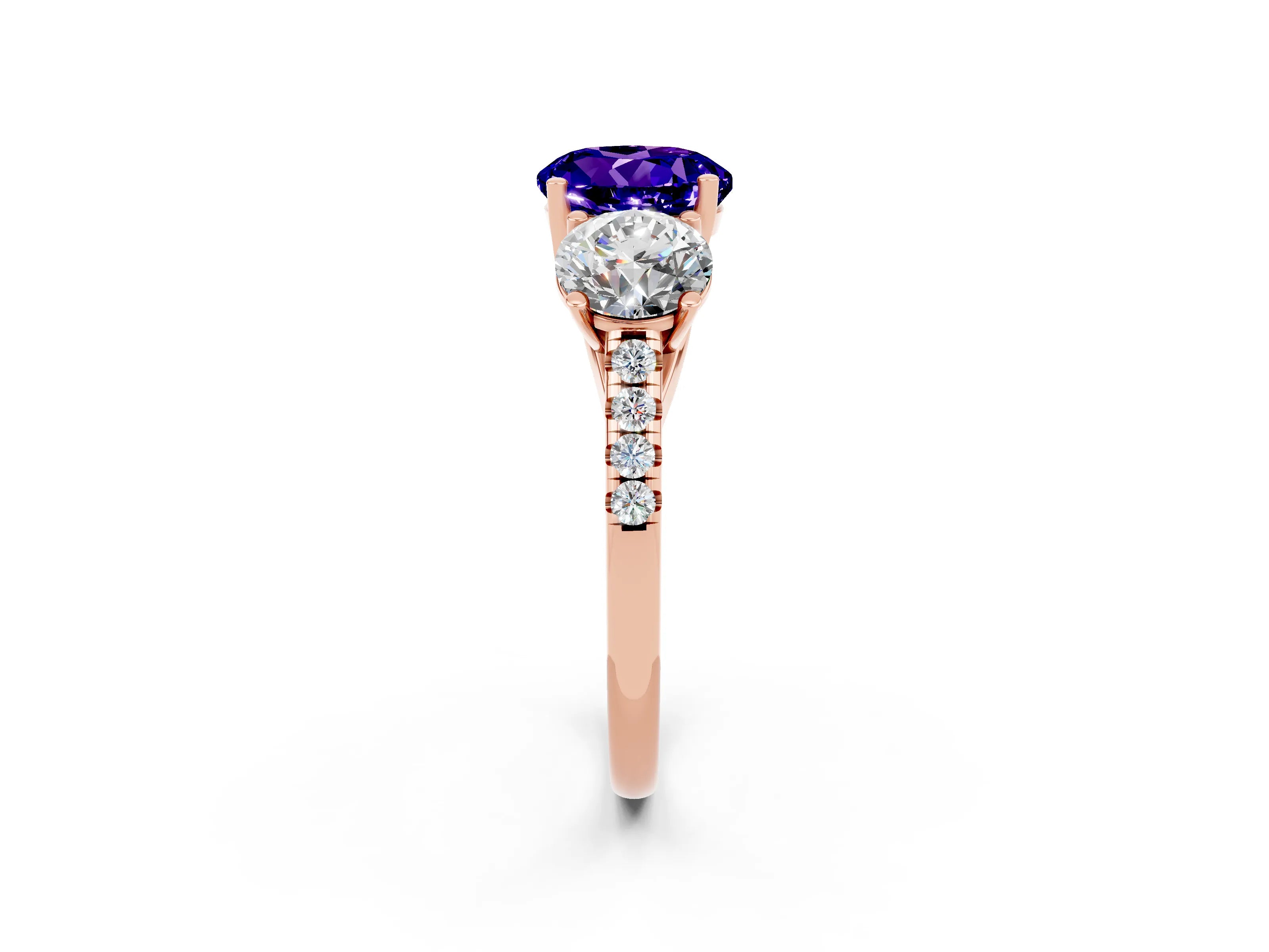 Rose gold Three-Stone Round Cut Tanzanite Ring with Pavé Band and Prong Setting_14