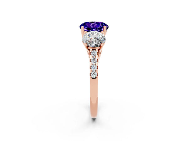 Rose gold Three-Stone Round Cut Tanzanite Ring with Round  Pavé Band and Prong Setting