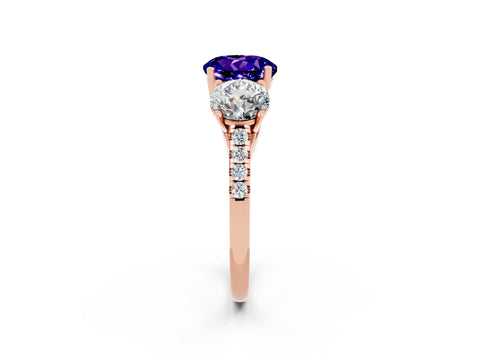 Rose gold Three-Stone Round Cut Tanzanite Ring with Pavé Band and Prong Setting_14