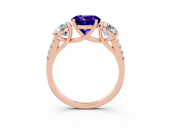 Rose gold Three-Stone Round Cut Tanzanite Ring with Round  Pavé Band and Prong Setting